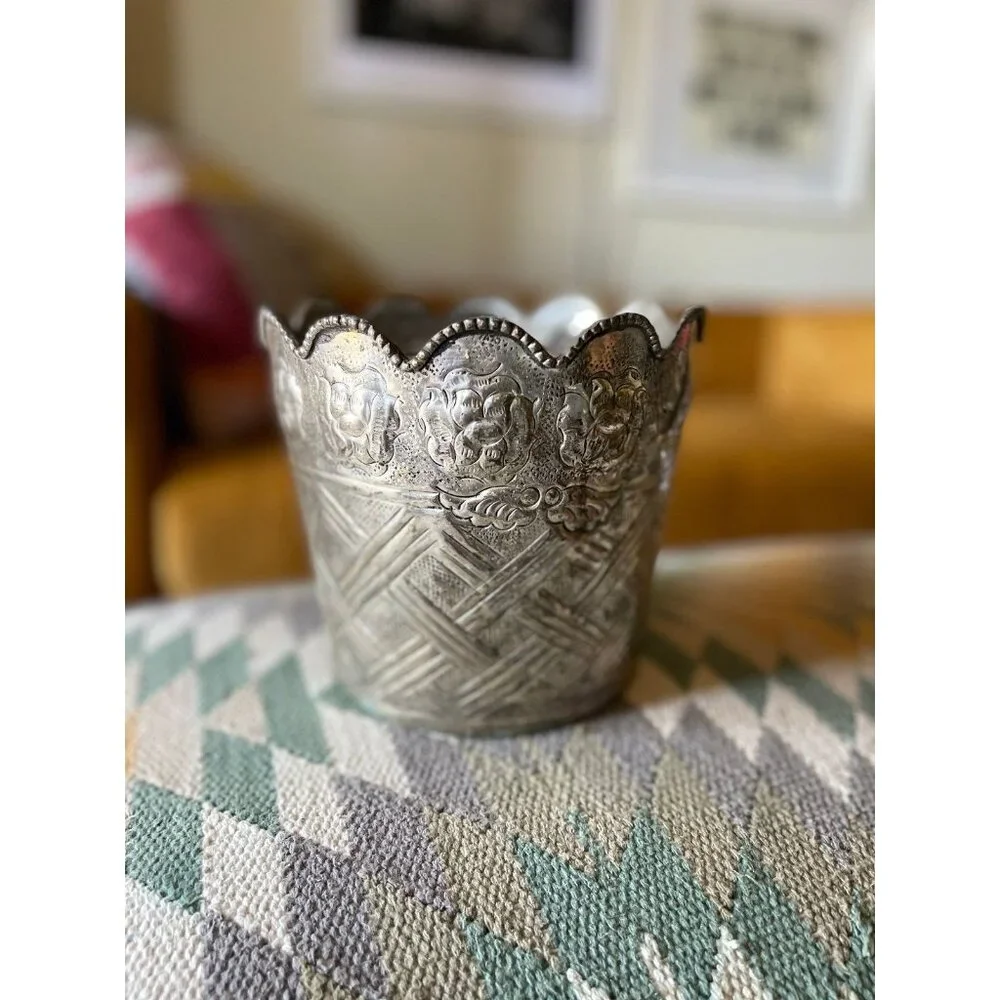 Vintage Indian 1960's Engraved Silverplate Jardiniere Planter Decorative Accent
